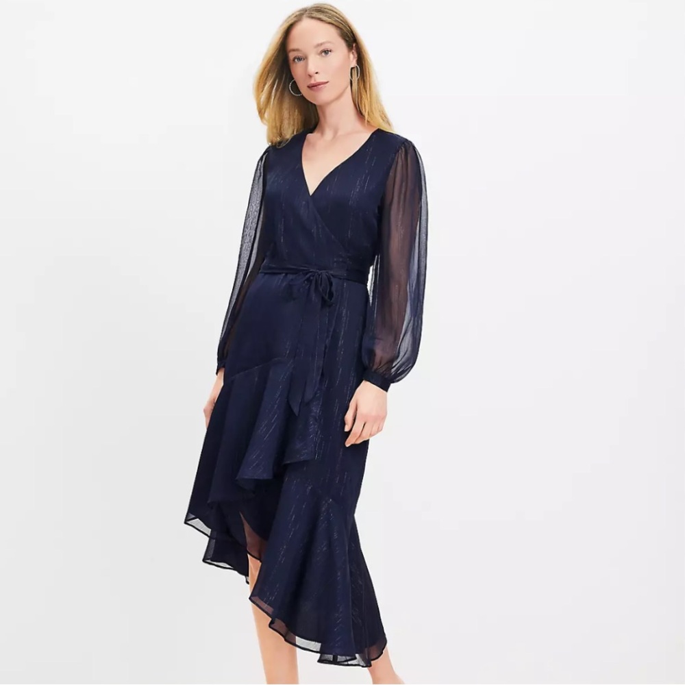LOFT Navy Long Sleeve Calie Ruffle Wrap-Style Dress
